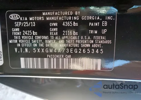 2014 Kia Optima Lx из США, поврежденный, VIN 5XXGM4A73EG265345